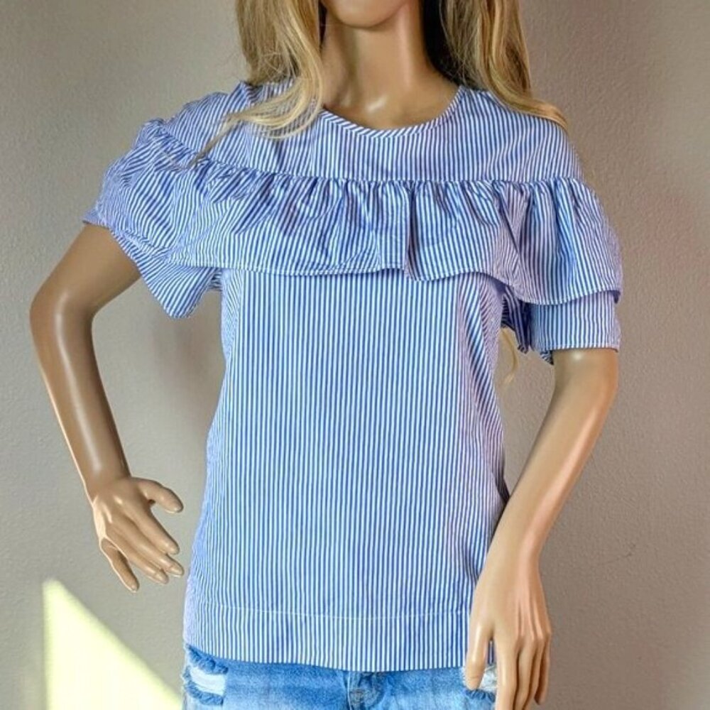 J. Crew Top Women's Size 8 Blue/White Stripe Ruffle Short Sleeve Edie Blouse